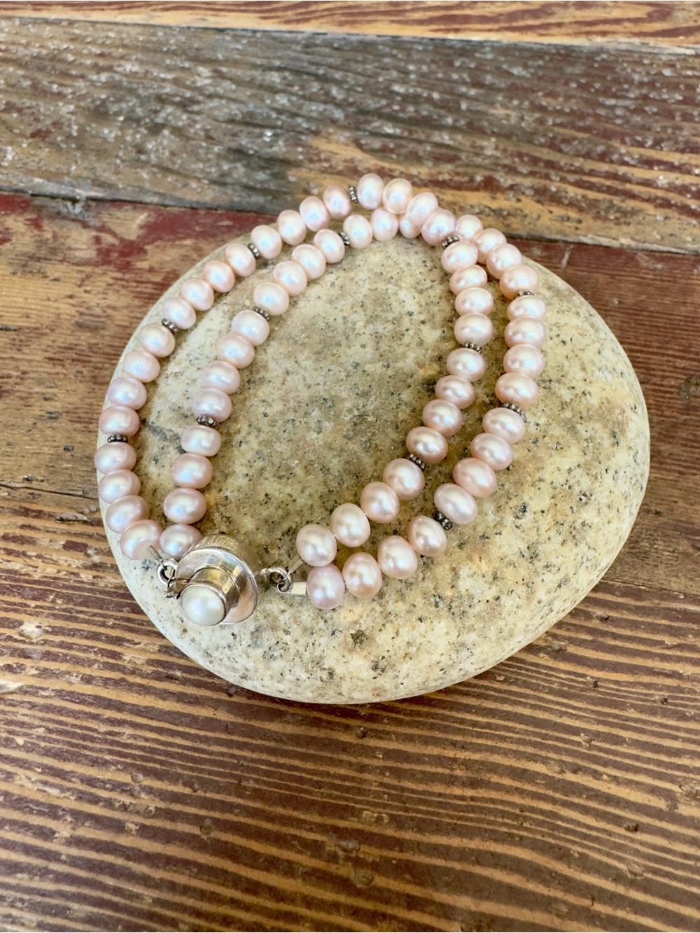 Hand Crafted Pink Pearl Double-Strand Bracelet with Pearl Clasp